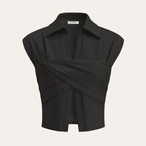 NWT Commense Linen Blend Cross Wrap Cropped Blouse Black XS